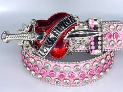 【セール価格】ハートバックル幅3.8 105cm/115cm ギラギラウエスタンベルト　ピンク　LEX　メンズベルト　レディースベルト　カウボーイ　y2k アメカジ　古着　ラッパー　グランジ　プレゼント