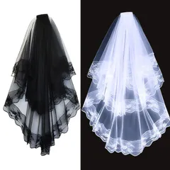 ウェディング ベール ブラック ホワイト 2段 レース 刺繍 コーム付き 花嫁 ベール チュール素材 結婚式 ブライダル 前撮り 撮影用 披露宴 二次会 教会式 挙式 ウェディングドレス小物 レディース