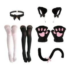 [Archnote] 猫耳 カチューシャ 黒猫 コスプレ 猫 手袋 首輪 しっぽ ニーハイ 白 黒 ハロウィン 鈴付き 6点セット 