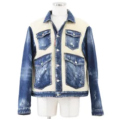 DSQUARED2 ディースクエアード ジャケット ウォッシュド デニム × ボア コンビネーション マウンテン ロゴ グラデーション ダメージ加工 トラッカー Gジャン アウター メンズ サイズ S インディゴブルー アイボリー マルチカラー イタリア製