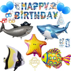 【数量限定】誕生日 海 飾り付け シンプル パーティー セット 大きな 3D魚バルーンセット Happy Birthdayバースデーバナー 海賊サメアルミ風船 ヨシキリザメアルミ風船 熱帯魚アルミ風船 エンゼルフィッシュアルミ風船 ヒトデアルミ風船 三角帽子