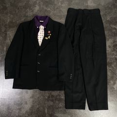 【JAPANESE VINTAGE】5点セット セレモニー 極上ウール シングルスーツ セットアップ 上下 黒紫 ブラック系×パープル系 成人式 卒業式 結婚式（ユーロピンズ＆シャツ＆ネクタイ おまけ）No.47