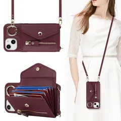 【Hamany】 iphone15 ケース ショルダー カード収納 アイフォン15 ケース 大容量 いphone15 ケース リング付き 耐衝撃 全面保護 スタンド機能 スマホケース iphone 15 肩掛け 斜めかけ カバー -Hamany-ワインレッ