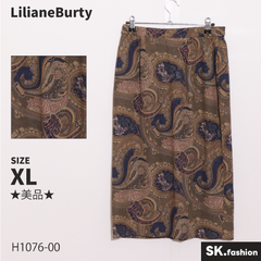 ★美品★ LilianeBurty リリアンビューティ スカート　ミディ丈　フレア　総柄　スリットプリーツ　サイドジップアップ　ゆったり　大きいサイズ 　ブラウン　ブラック　 【H1076-00】 送料無料　古着　レディース