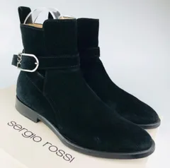 美品★sergio rossi・セルジオロッシ Sr1 GRACE レディース スエードレザー メタルSrバックル付きストラップ サイドジップ ショートブーツ(34.5)イタリア製 ブーティ レディースブーツ ブーツ 秋冬物 カジュアル ブラック 靴