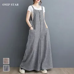 オールインワン サロペット ロング丈 チェック ポケット マキシ丈 ワンピース 体型カバー ワイド ブラック コーヒー ブラウン 茶 黒 春 夏 レディースファッション 20代 30代 40代 50代 60代 ワンピスター mlyx06