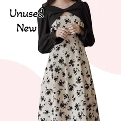 【未使用】AUSKY 花柄ワンピース ロング丈 フリル フェミニン 切り替え ワンピ レディース 春夏秋 長袖 シフォン 上品 大人可愛い ガーリー エレガント パーティードレス お呼ばれ 結婚式 二次会 発表会 イベント おしゃれ