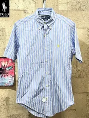 美品 ポロラルフローレン 正規 ストライプ 半袖シャツ S サックスブルー POLO RALPH LAUREN