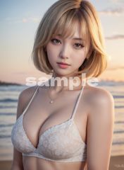 【AI美女ポスター】Urban Blonde #154｜金髪ボブ×リアル美女｜インテリア A4 水着美人 透明感  韓国風  コレクション ビーチ 夕焼け 夕日