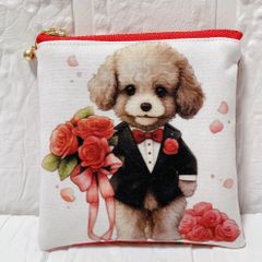 フラットポーチ ミニポーチ ハンドメイド 犬柄パネル トイプードル
