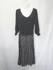 ◇ ⊇ ◎ LACE LADIES ストライプ 切替 八分袖 膝下丈 ニットワンピース サイズF ブラック ホワイト系 レディース E  【1411070014214】