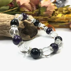 アメジスト×水晶×オニキス パワーストーン ブレスレット 10mm（シルバー）メンズ・レディース 男性・女性 数珠ブレス 開運  [3] 