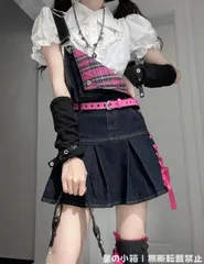 新品未使用 2024年新作 Y2K スタイル ライムハート デニムオーバーオールスカート＋シャツ セットアップ セクシー＆スイート 韓国風 着回し可能 旬なトレンドファッション