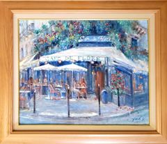絵画 ｢青と白のカフェテラス｣ F8 油彩 額付き Yumi Kohnoura 神之浦由美 作品 パリ 風景画 原画
