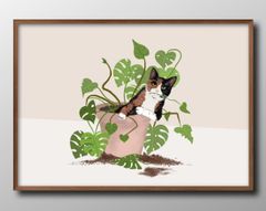 13414 ポスター アート おしゃれ 絵画 インテリア 観葉植物と猫 ネコ ボタニカル A3サイズ 北欧 イラスト マット紙 艶消し アートパネル 額 フレーム デザイン 壁掛け