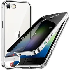 HGUTREY【覗き見防止・自動ポップアップボタン】 iPhone SE3 用 ケース 第3世代 2022 iPhone SE2 8 7 用 ケース 【ロック付き】【ストラップホール付き】 両面9H強化ガラス 耐衝撃 アルミ バンパー メタルフレーム スマ 0
