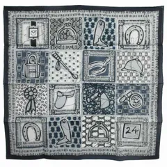 エルメス HERMES 美品 カレ65 Le Boubou H ブーブーH スカーフ コットン 小物柄 時計 カデナ 馬蹄 ネイビー グレー系 STK 0425
