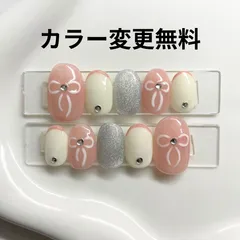 【サイズオーダー】ネイルチップ　ショートオーバル　ベリーショート　レギュラーオーバル　ショートバレリーナ　リボン　手書きリボン　くすみブルー　フレンチ　マグネット　かわいい