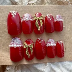 赤 ツイード クリスマスネイルチップ