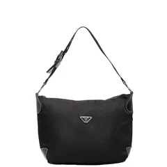 プラダ 三角ロゴプレート ワンショルダーバッグ ブラック ナイロン レザー レディース PRADA【1-0145264】