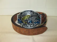 ベルト メンズ Fishing 釣り フィッシング 魚 トラウト バックル PUレザー ブラウン 茶 レア ウェスタン風 アウトドア かっこいい