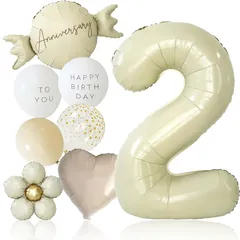 【新品】 deerzon くすみホワイト 2歳 くすみカラー 数字 バルーン 誕生日 飾り付け 10点 セット 大きい 65cm くすみ ニュアンスカラー ナンバーバルーン バースデー 0