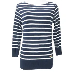 ブルーレーベルクレストブリッジ BLUE LABEL CRESTBRIDGE 美品 近年 ボーダー リブニット バックリボン 55P27-558-29 カットソー 7分袖 ロゴプレート 38 M相当 紺 白 STK X