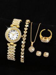 Women's Watch Set, 6-Piece Set with Luxury Rhinestone and Steel Strap, Gold Quartz Watch, Bracelet, Necklace, Earrings, and Ring Jewelry Set, Holly