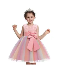 110cm ワンピース　キッズ ドレス 発表会 誕生日会 レインボーリボン　ピンク　　可愛い　姫入園式 入学式 卒園式 卒業式　誕生日会