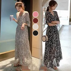 フレア vネック ワンピース 花柄ワンピース ミモレ 半袖 ひざ下丈 ロング ウェストゴム 花柄ワンピース レトロ 小花柄 着痩せ#hoshi4073