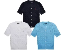 レディース ポロ ケーブルニット ショート スリーブ カーディガン ホワイト/ブルー/ブラック s ー XL