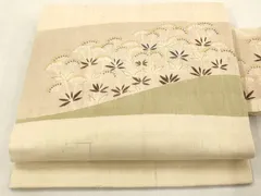 平和屋着物●九寸名古屋帯　駒刺繍　手描き　紬地　草花文　銀糸　正絹　逸品　AAAN3793az
