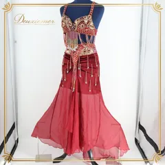 ベリーダンス オリエンタル 衣装 上下セット ワインレッド ゴールド Qiaoshi ビーズ スパンコールラメ 装飾 ラメ ベロア レース 発表会 ワインレッド系 ビーズ装飾 スパンコール衣装 ダンスコスチューム レディース おしゃれな衣装 アクセサリー付き