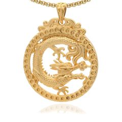 Fusamk ヒップホップ 18K 合金 ドラゴン ラウンド タグ ペンダント コイン ネックレス 22インチ ボックスチェーン, 合金, 宝石なし。