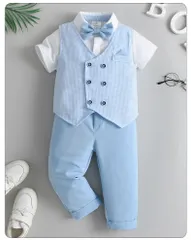 子供服 キッズ フォーマル スーツ 男の子 ベビー服 半袖シャツ+半ズボン+ベスト3点セット 夏 ブリティッシュスタイル タキシード風 卒園式 入園式 七五三 お宮参り 結婚式 入学式 90 100 110 120 130cmのサムネイル