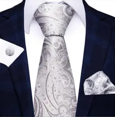 ネクタイ　チーフ　カフス　格安　ペイズリー柄　結婚式　発表会　七五三祝い　卒業式　入学式　入社式　ビジネス　イベント　パーティー　ダンスパーティー　バーテンダー　メンズネクタイ　ポケットチーフ　セット　父の日　七五三祝い　格安　シルバー　グレー色　ペイズリー柄