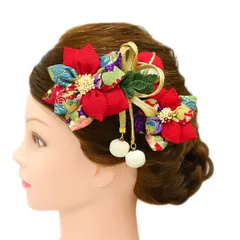 髪飾り 成人式 つまみ細工 赤 振袖 前撮り 袴 花 3点セット 白 紫 青 ゴールド ちりめん 剣つまみ 玉飾り 下がり 組紐 和柄 か No.9-4943