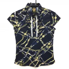 【超美品】ビバハート 半袖ポロシャツ ネイビー×イエロー チェーンベルト柄 前立て横フリル レディース 40(M) ゴルフウェア VIVA HEART