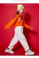 ガールズ ダンス 衣装 キッズ 韓国 トップス パンツ オレンジ 白 ヒップホップ HIPHOP 派手 へそ出し ジャズダンス 練習着 おしゃれ カジュ