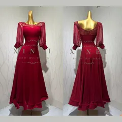 【新品・未使用】30%OFF ワンピース　社交ダンスドレス　モダンドレス　スタンダード　パーティ―ドレス　えんじ系　赤　M