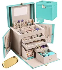 ティファニーブルー_Ｌサイズ SANSREPONSE ジュエリーボックス 全品3点セット 大容量 豪華 アクセサリーケース アクセサリー収納 アクセサリーボックス 宝石箱 鍵付き ミラー付き ピアス ネックレス 指輪置き (L-TFブルー)