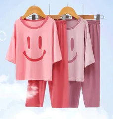 モーダル スマイル パジャマ キッズルームウェア 七分袖＆長ズボン  ラウンドネック 寝巻 上下セット 女の子 男の子 薄手 綿 春 夏 韓国風 セットアップ 子供 かわいい おしゃれ 子供服dibale01