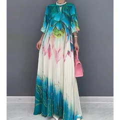 ワンピース プリント柄  フラワープリント 蓮の花 ウエスト紐 ウエスト プリーツワンピース フレアワンピース ミモレ丈 七分袖 華やか きれいめ フォーマルワンピース 結婚式 お呼ばれ 1281