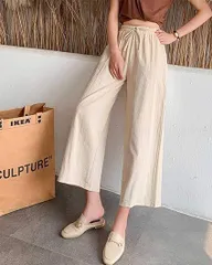 綿麻 ワイドパンツ レディース ゆったり リネン ガウチョパンツ ロングパンツ ウエストゴム 麻混 体型カバー 美脚 春夏langshun01