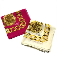 良品 CHANEL シャネル ココマーク チェーン ロゴ シルク100％ スカーフ 二枚 セット k4235