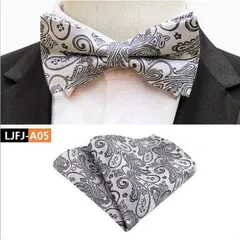 蝶ネクタイ　ポケットチーフ　ペイズリー柄　2点セット　ワンタッチ　結婚式　発表会 パーティー イベント ダンスパーティー バーテンダー シルバー　グレー　ワイシャツ 格安 小物　ワンタッチネクタイ　チーフ　2点 セット 　卒業式　卒園式　入学式　入社式　父の日