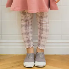 韓国子供服 チェックデザインナチュラルロングレギンス メロウフリル スリム スパッツ キッズ ボトムス ピンクベージュ