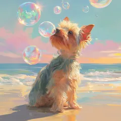 名入れOK【犬とシャボン玉 - ヨークシャーテリア犬 No.1】ヨーキー アートポスター うちの子記念日 ペットロス 北欧 ナチュラル