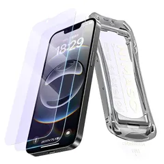 NIMASO ブルーライトカット iPhone 16e/14/13pro/13用 ガラスフィルム 黒縁なし 目の疲れ軽減 強化ガラス 保護フィルム 自動除塵 貼付け簡単 指紋防止 ガイド枠付き 2枚セット アイフォン 16e（6.1インチ）対応 フィルム  0