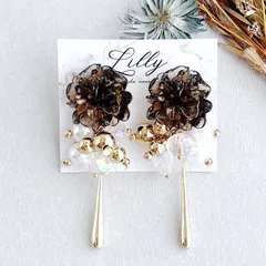 #908 大ぶり/ゴールド/花/ブラウン/揺れる/パール/ハンドメイド ピアス イヤリング